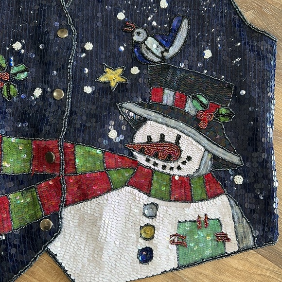 The Quacker Factory sequin snowman Christmas vest Large Navy - Picture 2 of 11